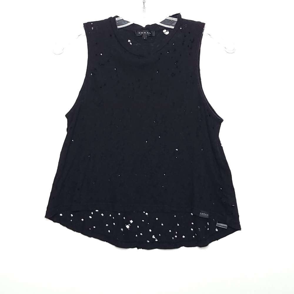 KORAL Organic Hemp Cotton Factory Distressed Laser Cut Black Hi Lo Tank Top sm